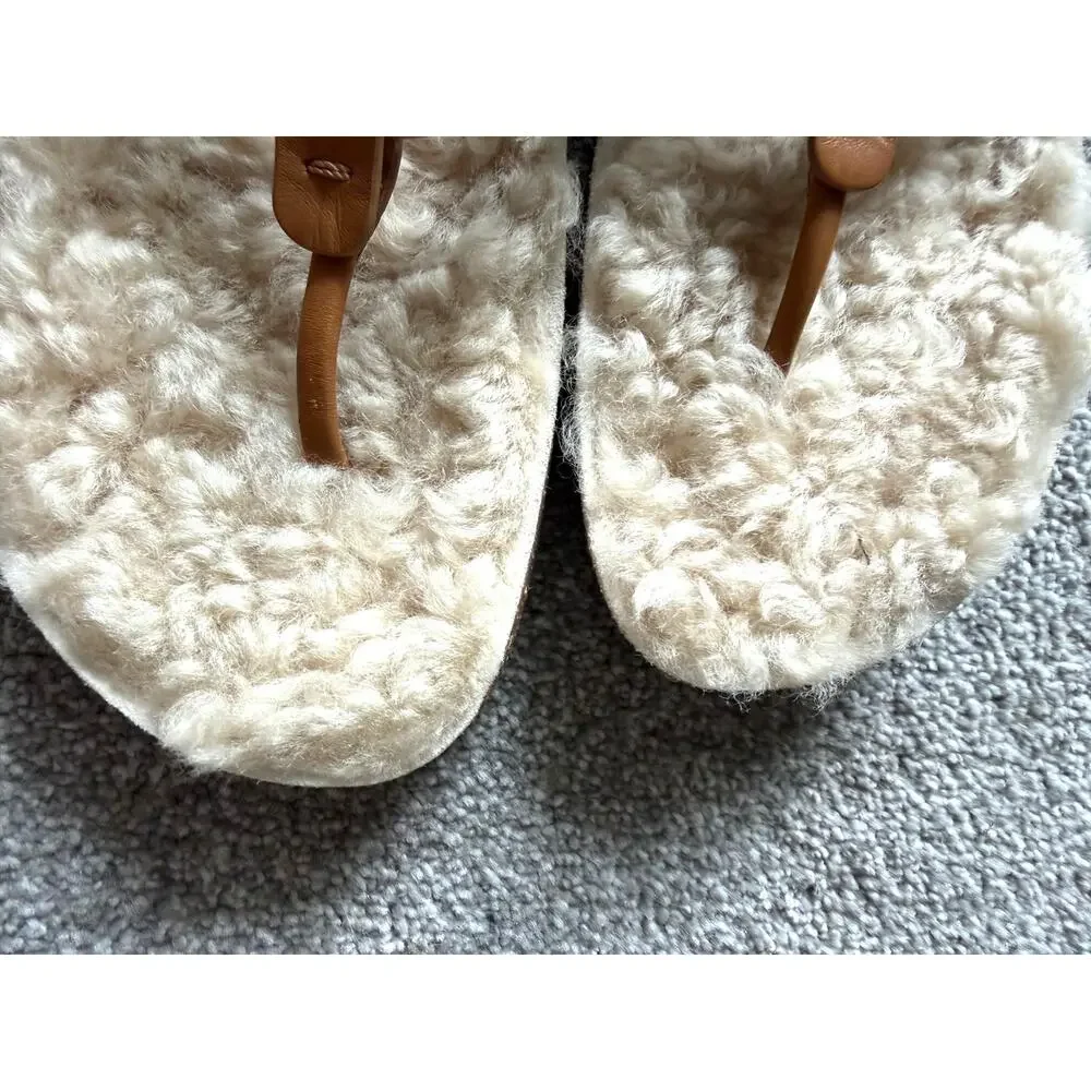 Tory Burch Miller Cloud Sandal Shearling Thong Caramel Logo Slip On Womens 10.5